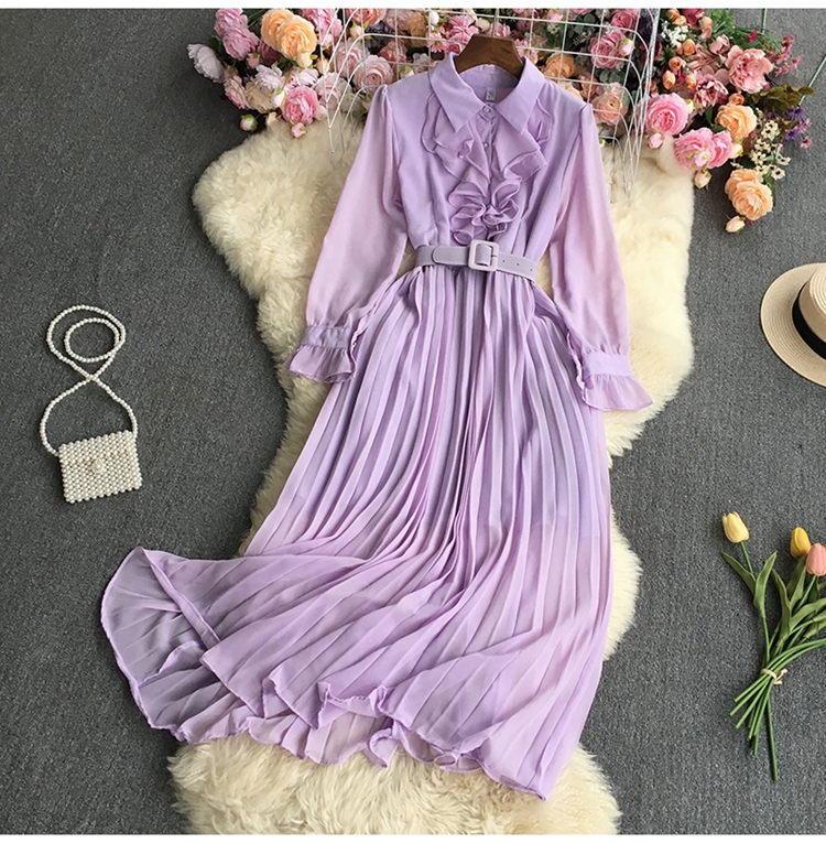 pleated solid color long-sleeved lapel ruffle dress NSYXG124476