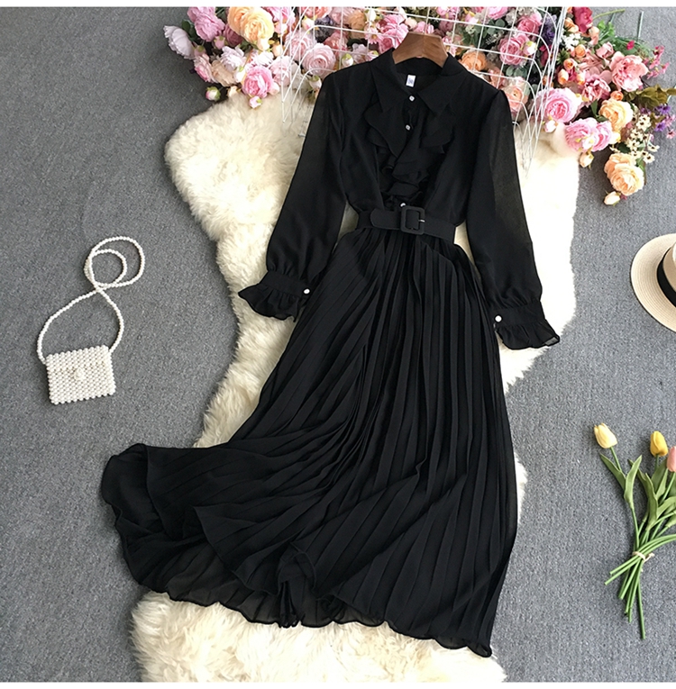 pleated solid color long-sleeved lapel ruffle dress NSYXG124476