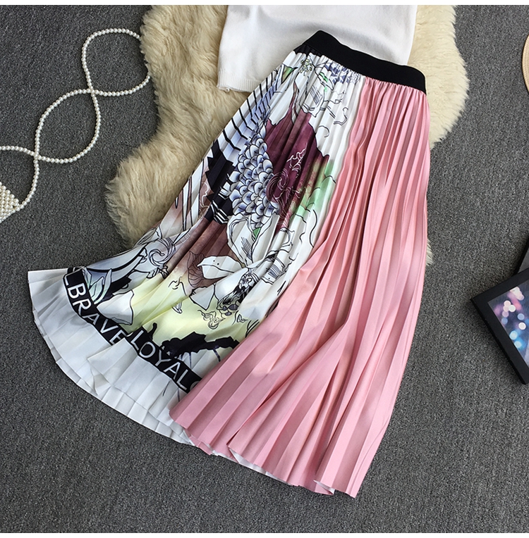 round neck short sleeve color matching top and pleated print high waist skirt set NSYXG132584