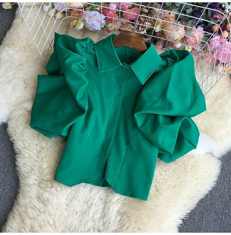 Short Puff Sleeve lapel short solid color Shirt NSYXG124775