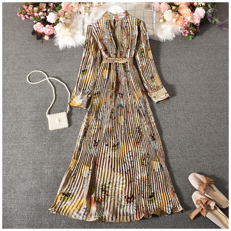 Stand collar floral retro long-sleeved pleated mid-length A-line dress NSYXG124483