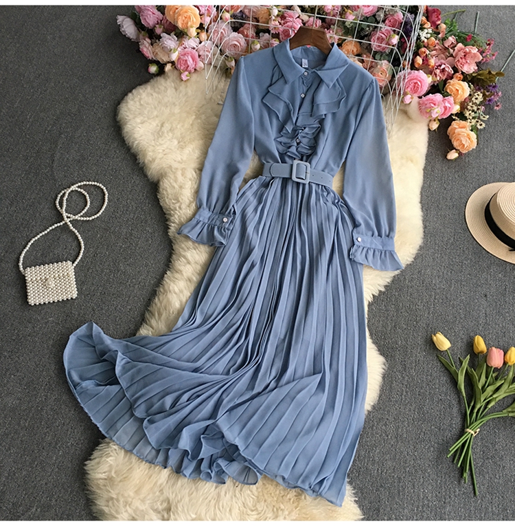 pleated solid color long-sleeved lapel ruffle dress NSYXG124476