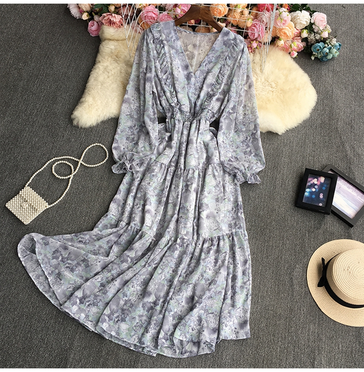 long sleeve large swing v neck waist flower print dress NSYXG133612