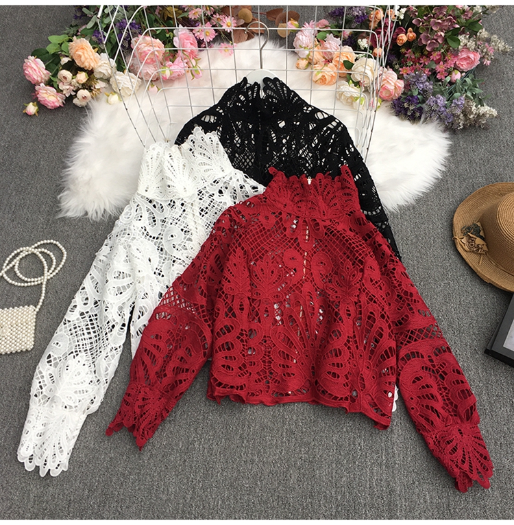 solid color embroidery retro lace lantern sleeve top NSYXG124471
