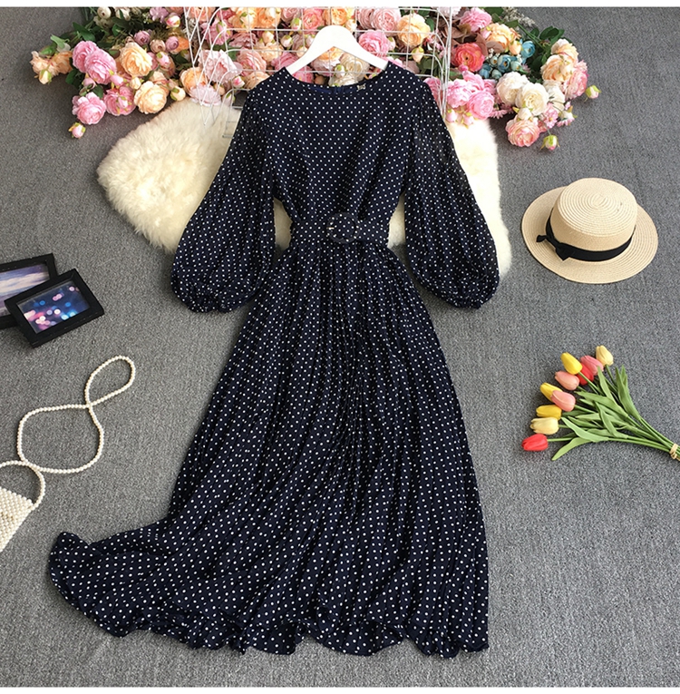 chiffon pleated polka dot long sleeve round neck large swing dress NSYXG132585