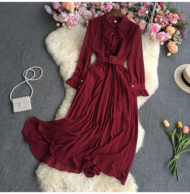 pleated solid color long-sleeved lapel ruffle dress NSYXG124476