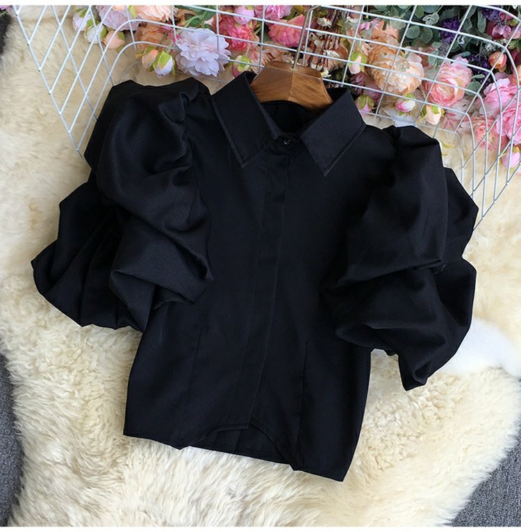 Short Puff Sleeve lapel short solid color Shirt NSYXG124775