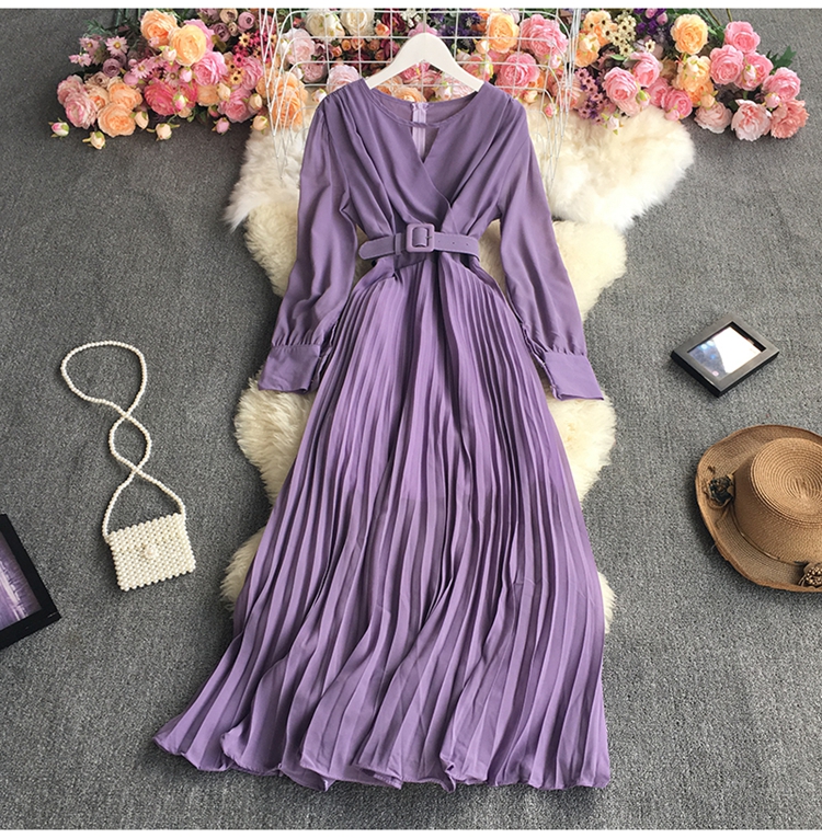 pleated solid color retro long sleeve hollow slim large swing dress (multicolor) NSYXG124481