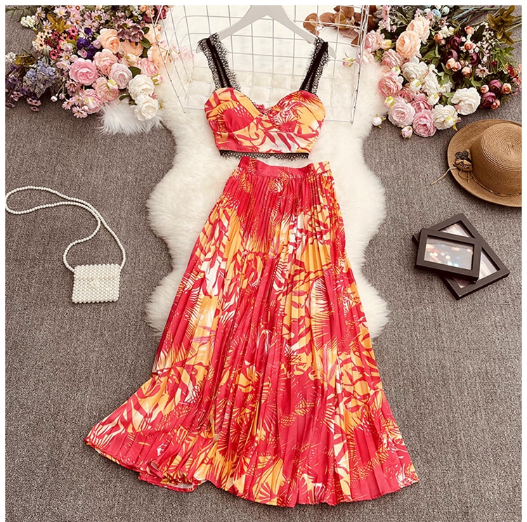 print sling stitching lace vest and high waist pleated skirt set NSYXG124478