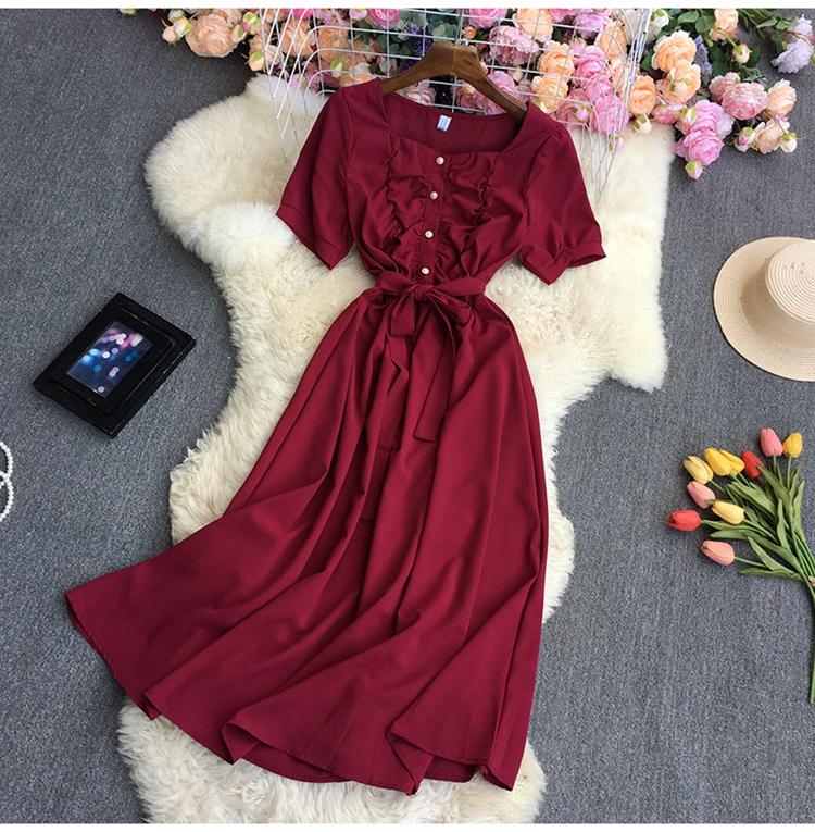 square neck Short Sleeve slim lace-up solid color Dress (multicolor) NSYXG124759