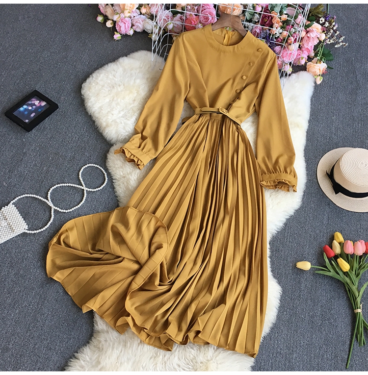 Breasted Pleated solid color Large Swing long sleeve round neck waist dress NSYXG132185