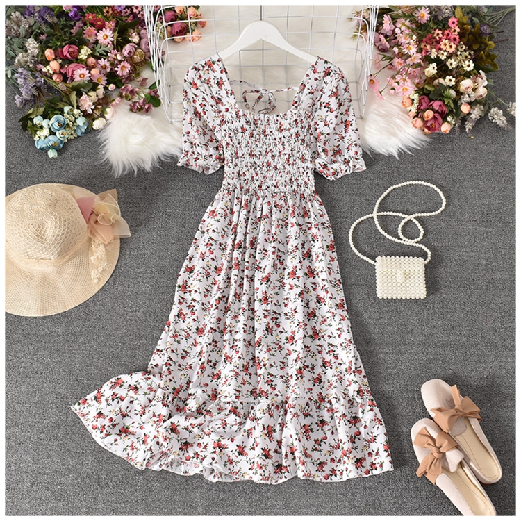 square collar backless lace-up big swing short-sleeved floral chiffon dress NSYXG124350