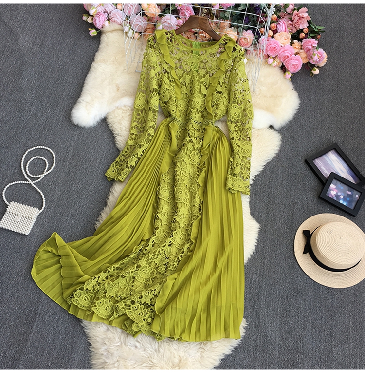 chiffon lace pleated long sleeve large swing ruffle dress (multicolor) NSYXG124857