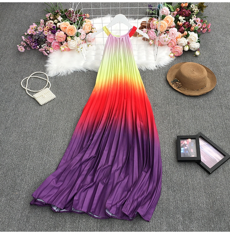 pleated rainbow color gradient round neck loose sleeveless dress NSYXG124776