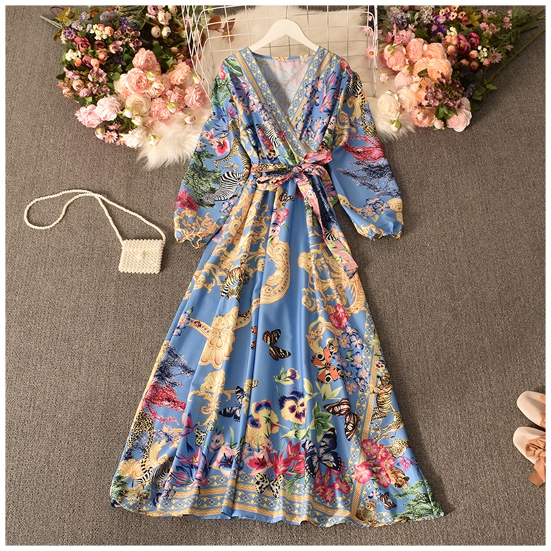 print Palace style puff sleeve v neck lace-up large swing dress NSYXG132186