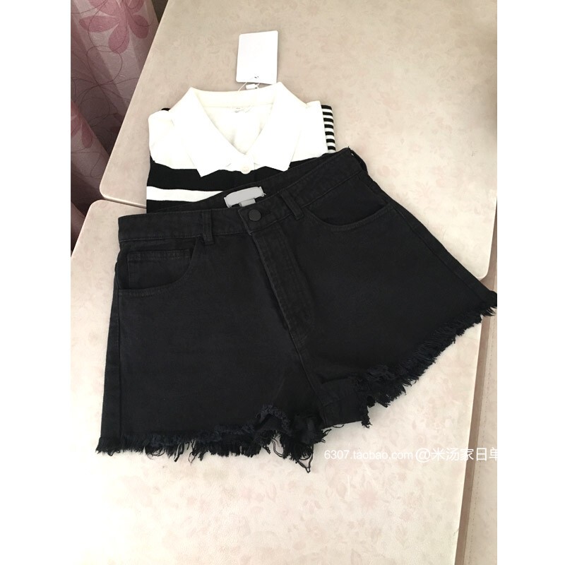 Self-Retained Export Order, Raw Edge Design Versatile Black Denim Shorts