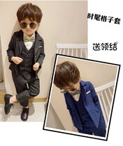 Boy suit suit suit vest three-piece spring and autumn handsome British childrens blue plaid show flower girl dress