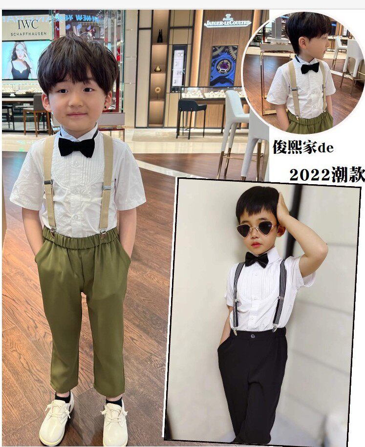 Boys' short-sleeved white shirt nine points holding baby bag pants suit Korean version of the British 2022 summer children's flower girl dress six one