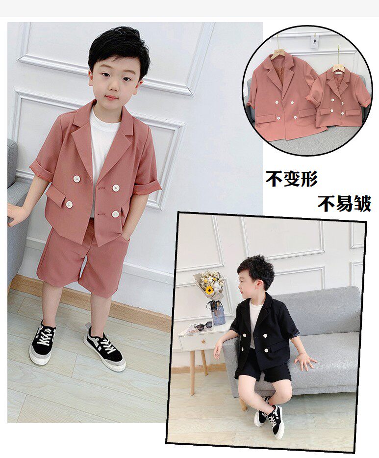 Children's Pink Suite Boys Short Sleeves British Wind 2022 Summer New Children's Flower Dress Show Show Short Short Dress