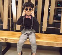 Boy white black shirt strap pants set slim cotton 2020 Spring and Autumn new flower girl dress show suit