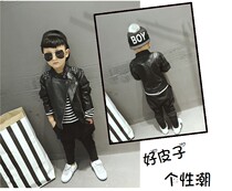 Boy leather jacket plus velvet short black 2020 Winter children thick thick locomotive tidal ocean air rivets