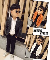 Boy leather jacket thin suit collar black and white Orange 2020 Spring and Autumn New Korean version of slim foreign style Puppi