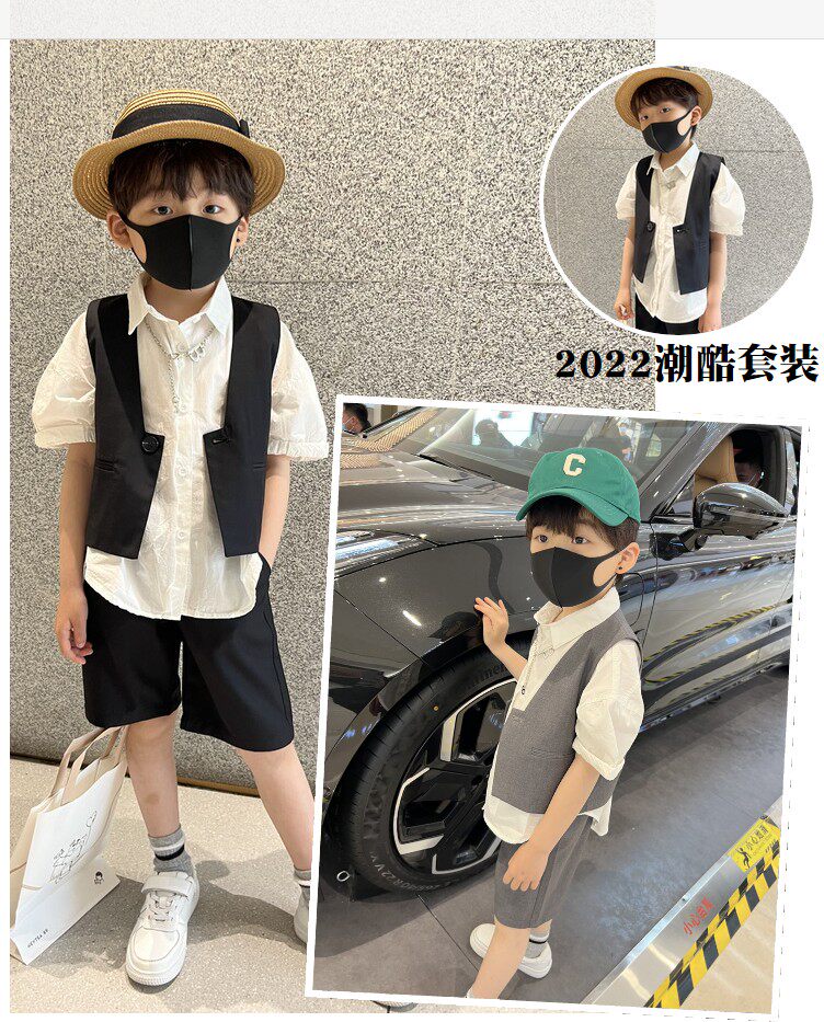 Boy Cool handsome Chartsuit suit shirt Machia Three sets 2022 Summer Korean version Children's online Red Barrack Gas Rack Subdrum