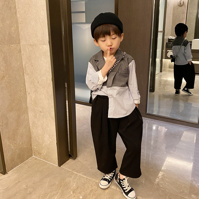 Boy Shirt Splicing Handsome Korean version Personality Irregular Street Dance 2021 Fall Children Casual Foreign Pie