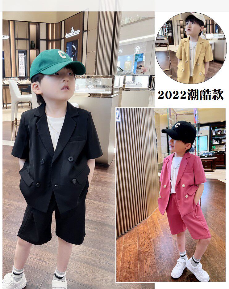 Boys' short-sleeved suit pink Korean style casual foreign style British handsome 2022 summer net red children's summer clothing