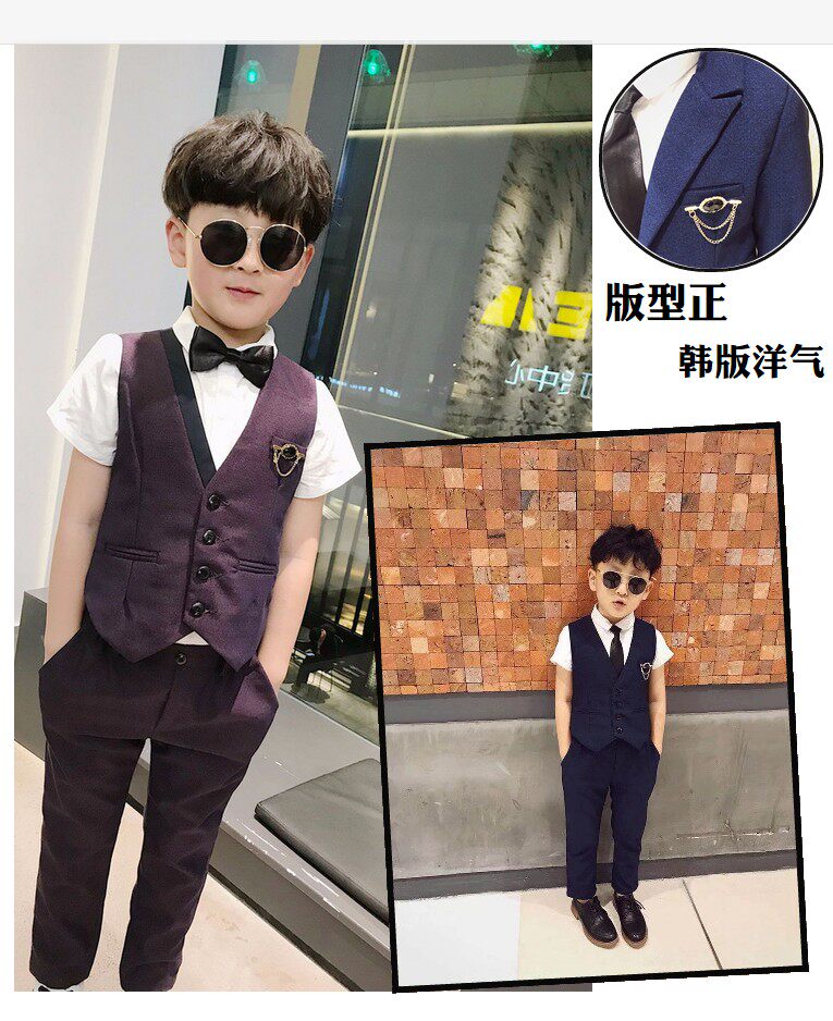 Boys short-sleeved shirt vest suit suit nine-point pants 2021 spring and summer children's baby flower girl dress suit