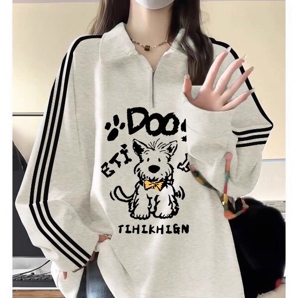 American-Style Three-Stripe Polo Shirt Women's Sweatshirt Jacket for Older Girls, Autumn and Winter, Fleece-Lined and Thickened, for Middle and High School Students