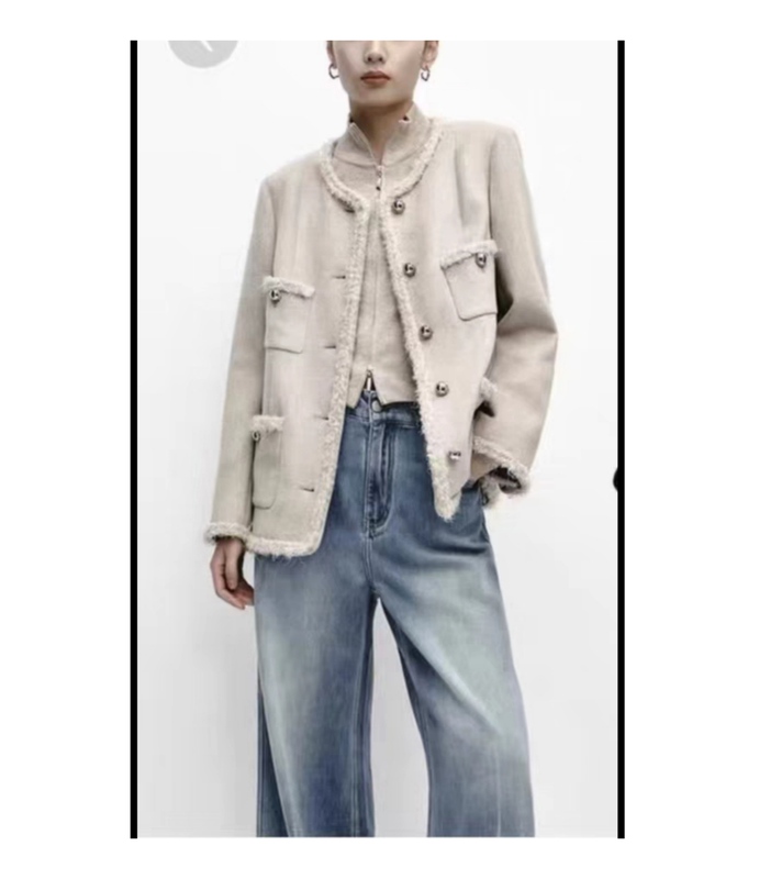 Mar//Lle* Heavy-Duty Woven Tweed Fabric with a High-End Feel, Chanel-Style Round-Neck Brushed Short Jacket