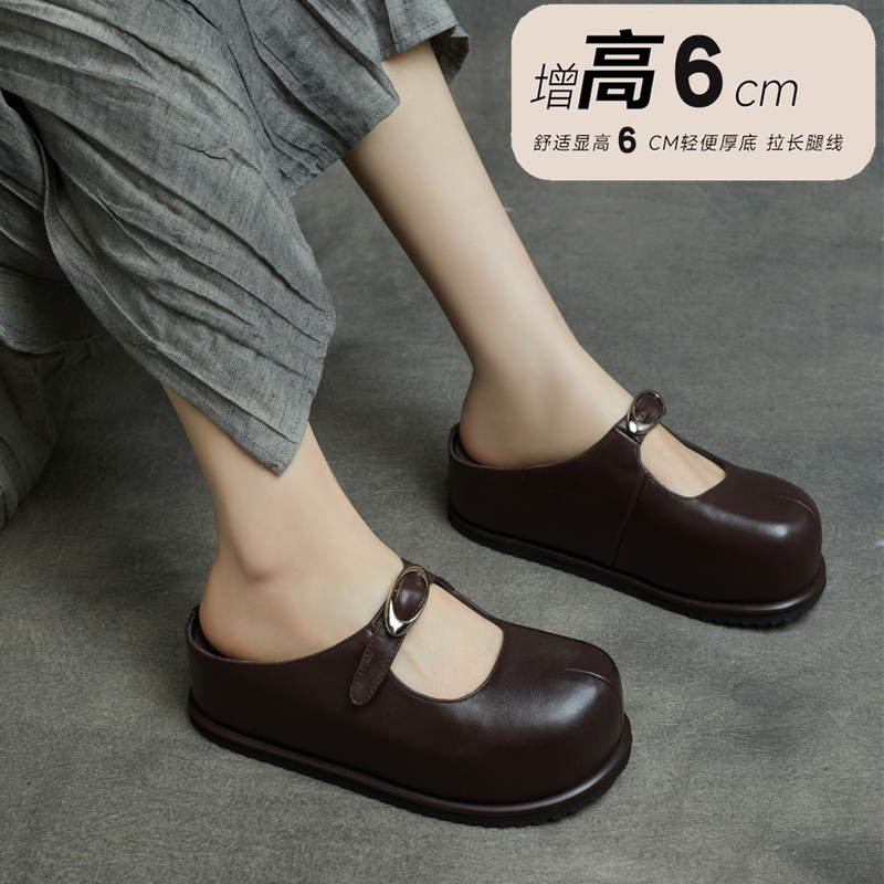 Birkenstock Thick-Soled Shoes 2026 Spring/Summer New Genuine Leather Round-Toe Height-Increasing 6cm Comfortable Versatile Lazy Metal Buckle Slippers