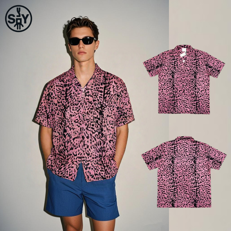 【S&Y】Pink Leopard Print Cuban Collar Short-Sleeved Shirt for Men, Niche Trendy Brand Shirt with a Vacation Vibe