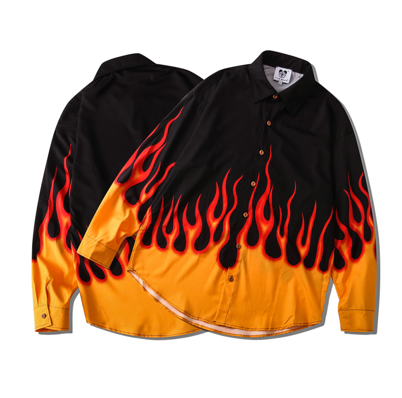Autumn and Winter Hip-Hop Street Fashion Brand Unisex European and American Couple Matching Flame Print Loose Lapel Versatile Long-Sleeve Shirt