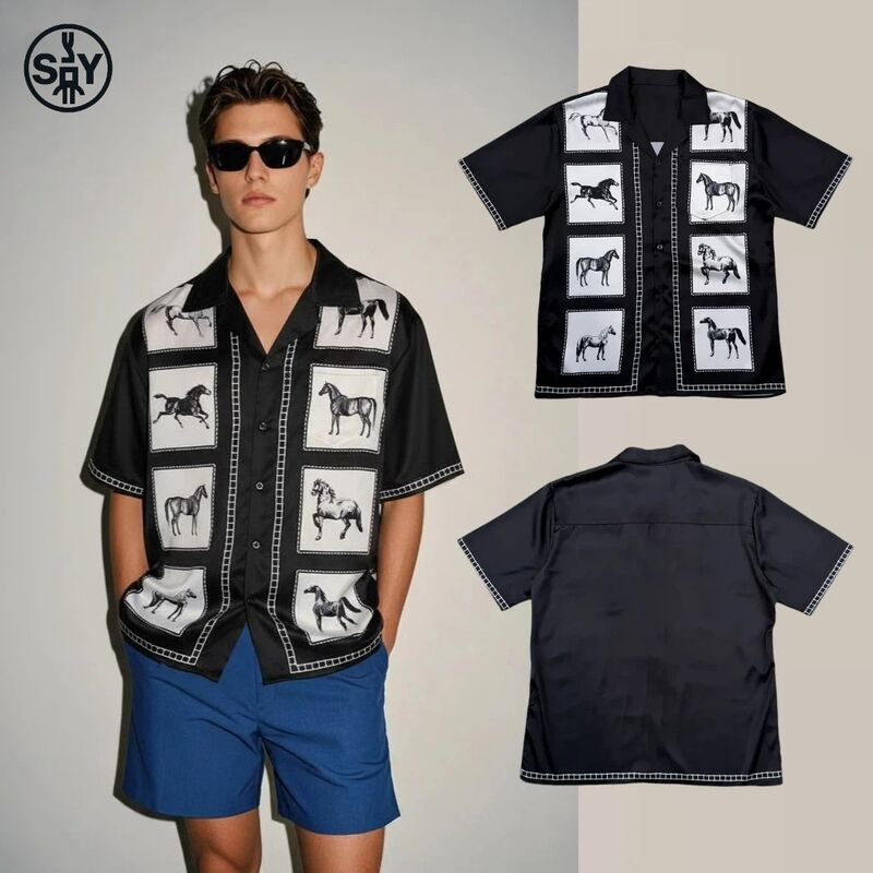 【S&Y】Simple European Style High-End Cuban Collar Shirt for Men, Short-Sleeved, Spring and Summer Niche Trendy Brand Year of the Horse Satin Shirt