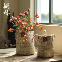 American pastoral handmade seaweed flower basket dried flower vase Woven portable flower arrangement flower pot Living room decoration ins basket