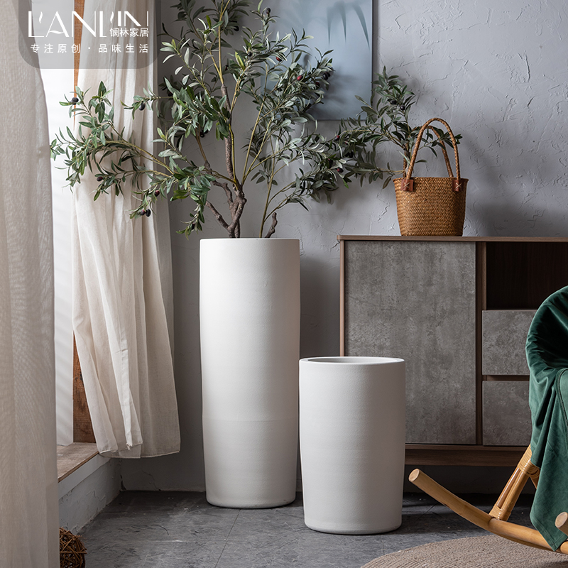 Jingdezhen ceramic flower pot Nordic contracted white green plant cylinder indoor decorative furnishing articles large landing clearance vase