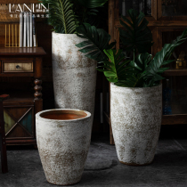Retro large flowerpot ornaments living room floor ornaments green planting cylinder Jingdezhen ceramics new Chinese style coarse pottery pot vase