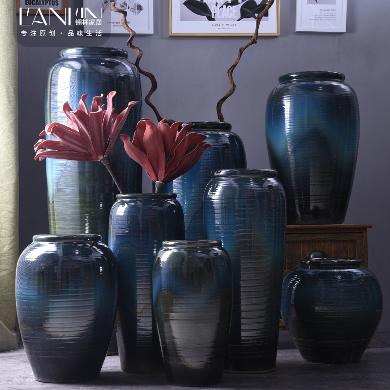 European modern vase large living room decoration flower arranging hotel villa clubhouse blue jingdezhen ceramic furnishing articles