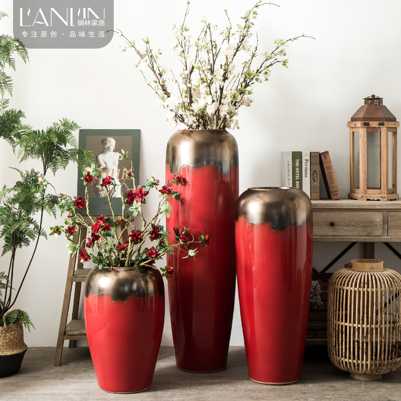 Jingdezhen ceramic vase big sitting room dry flower vase planting Chinese red modern European - style villa hotel decoration furnishing articles