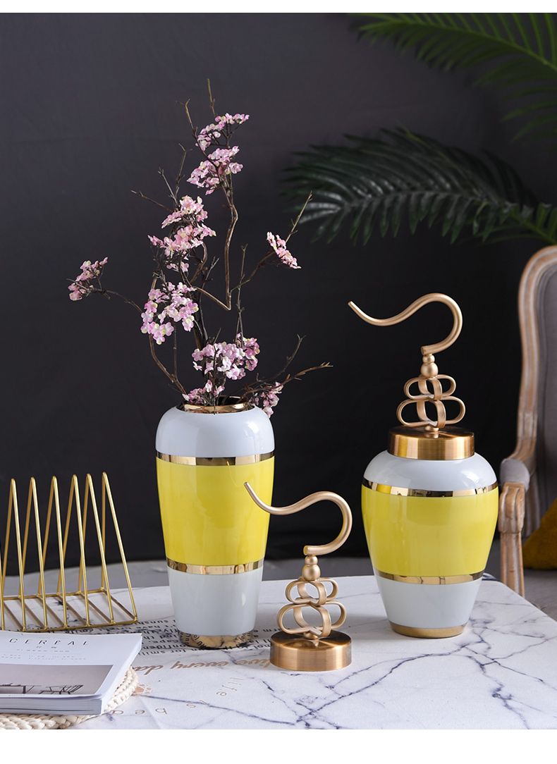 New Chinese style copper cover ceramic vase furnishing articles sitting room simulation flower arranging flowers dried flower decoration simple table decoration