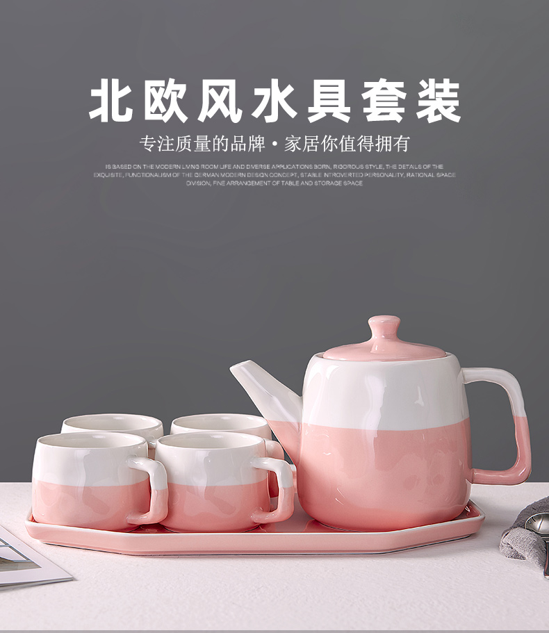 The Home is pure and fresh and camellia tea in the afternoon tea set of ceramic tea cup teapot cold pot with water in a suit