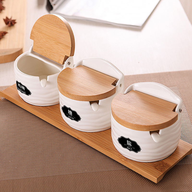 Flavor pot three-piece household bamboo spice jar japanese-style seasoning sauce can suit ceramic pot of salt