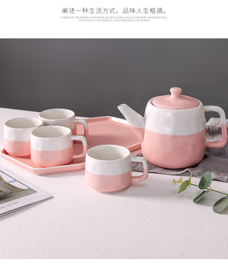 The Home is pure and fresh and camellia tea in the afternoon tea set of ceramic tea cup teapot cold pot with water in a suit