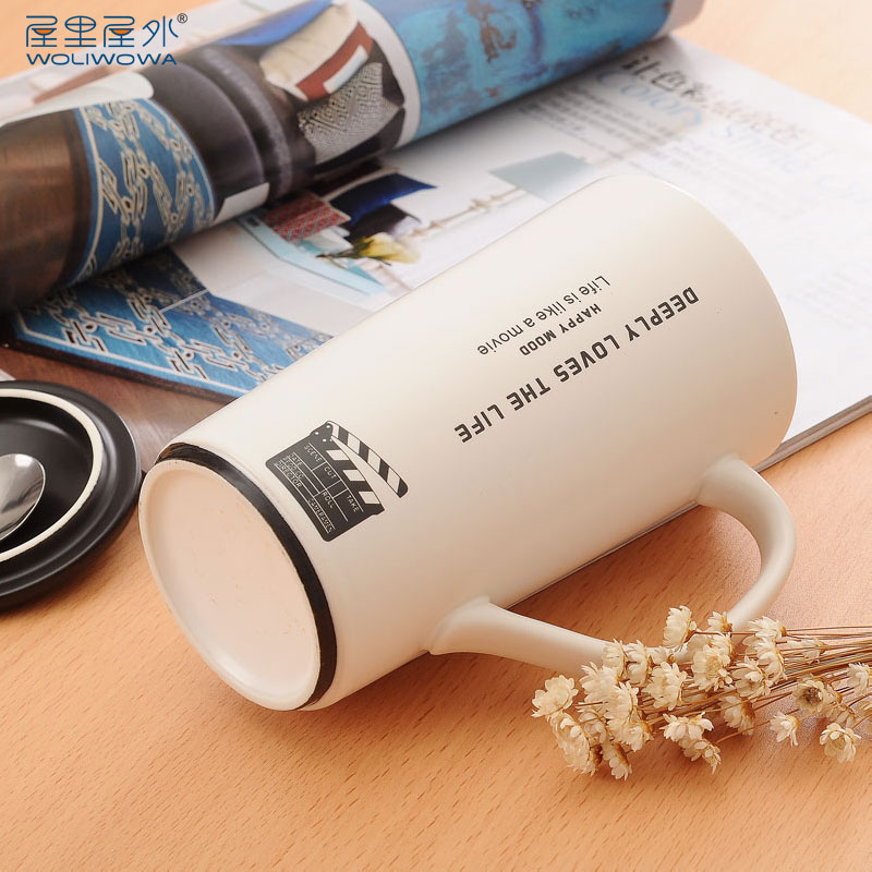 Simple black and white to send a pair of glass ceramic cup mark cup with cover the spoon coffee cup of milk tea cups of milk cup