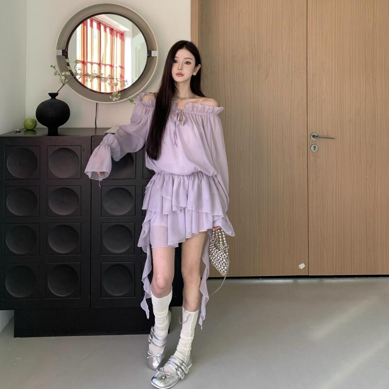 Betmass New Sun-Protective Low-Waist Off-Shoulder Slightly Sheer Dress Slimming Short Skirt with Fairy-Like Ribbons (Comes with a Tube Top)