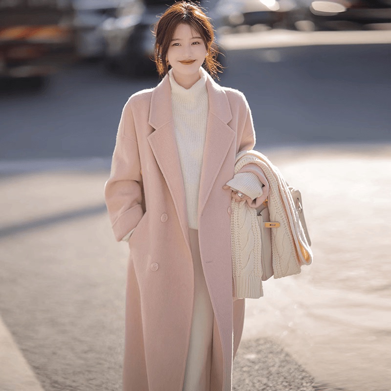 Pink Double-Sided Wool Coat for Women 2026 Autumn and Winter New Style High-End Mid-Length Super Nice Loose Woolen Coat Pink Double-Sided Wool Coat for Women 2026 Autumn and Winter New Style High-End Mid-Length Super Nice Loose Woolen Coat