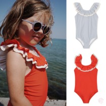 Division Horse Warmth Hall Konges Slojd 22SS Child Girl Lotus Leaf Side Striped One-piece Swimsuit UV50 