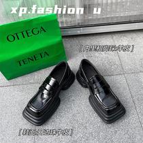 (clear cabin 5 fold) 2022 dark black design square head genuine leather light single shoe heightening of the thick bottom Lefoshoe Q